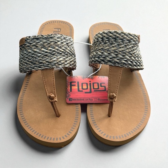 NWT Flojos Women's Woven Thong Strap Tan and Black Slip On Sandals! Size 10! - Picture 1 of 8